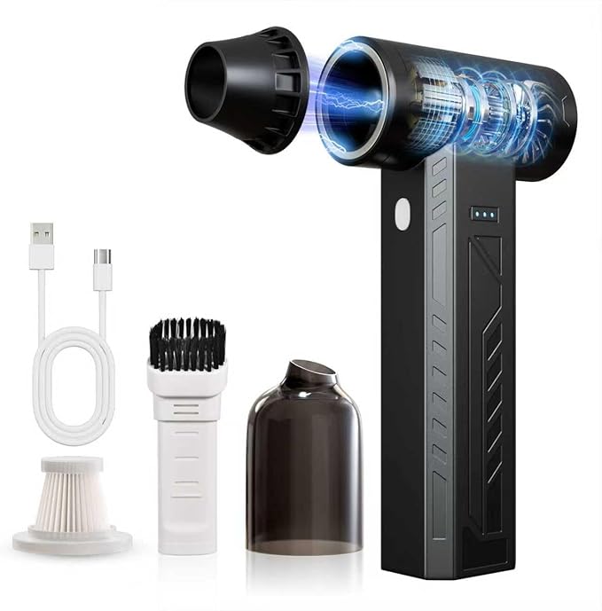 Compressed Air Duster 480000RPM Electric Air Duster Variable Speed 580G 4 Gear Adjustable Rechargeable Cordless Jet Dry Blower Turbo Fan Dryer Cleaning Air Blower Mini Car Vacuum Cleaner Carbon Black