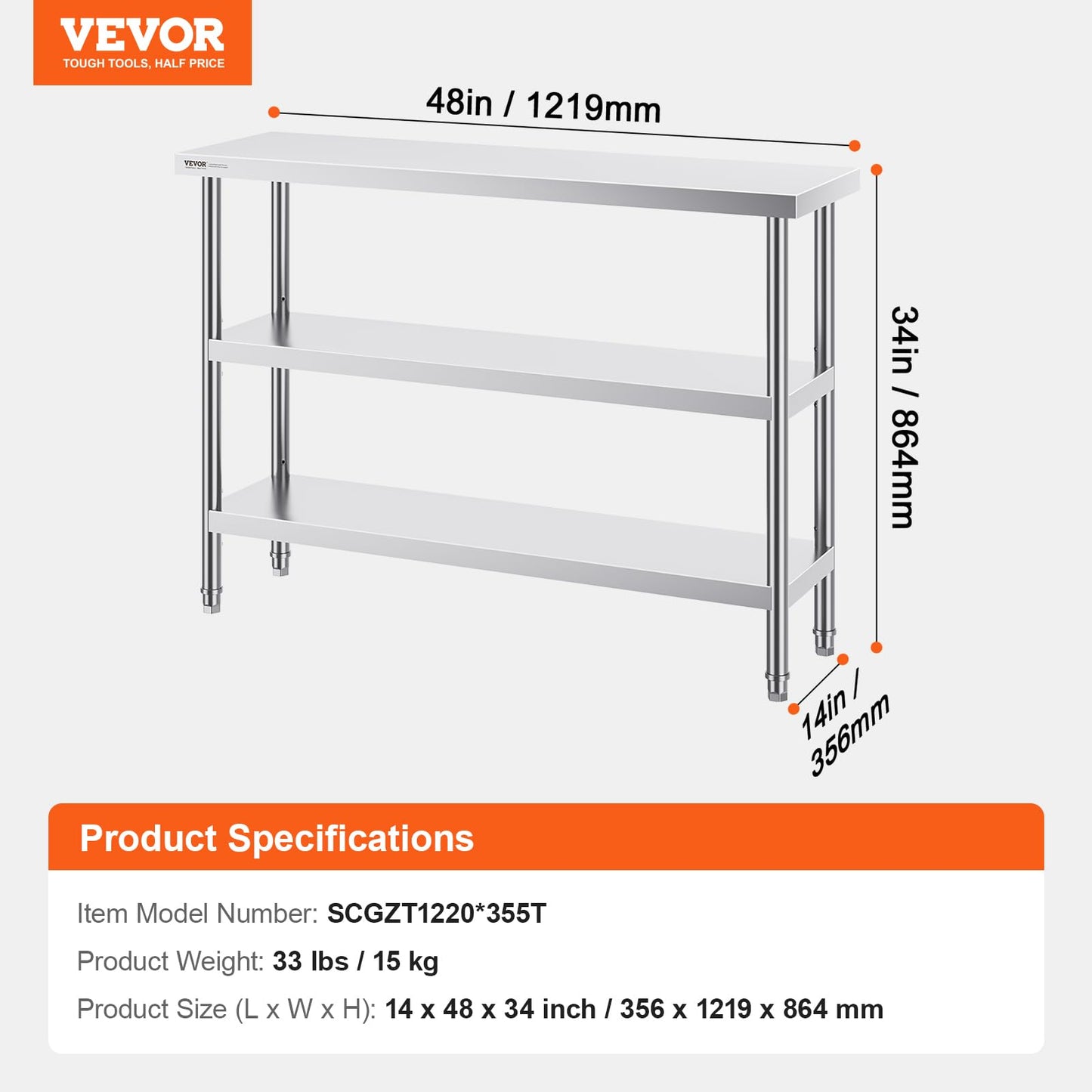 VEVOR Stainless Steel Food Prep Table, 14 x 48 x 34 Inch Commercial Kitchen Worktable, with 2 Adjustable Undershelf, Heavy Duty Prep Metal Work Tables for BBQ, Kitchen, Home, and Garage