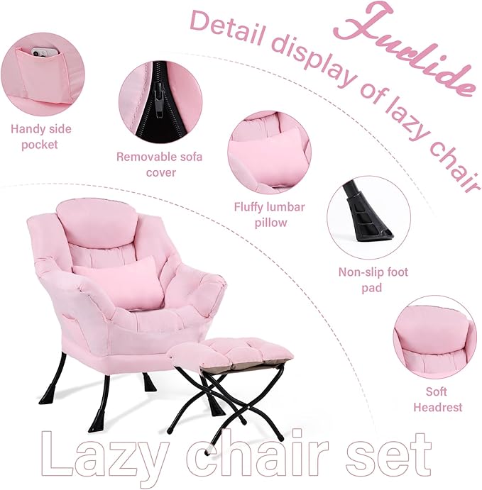 Furlide Lazy Chair with Ottoman, Modern Lounge Chair with Lumbar Pillow, Accent Cozy Reading Armchair and Folding Footstool for Bedroom, Dorm, Living Room,Pink