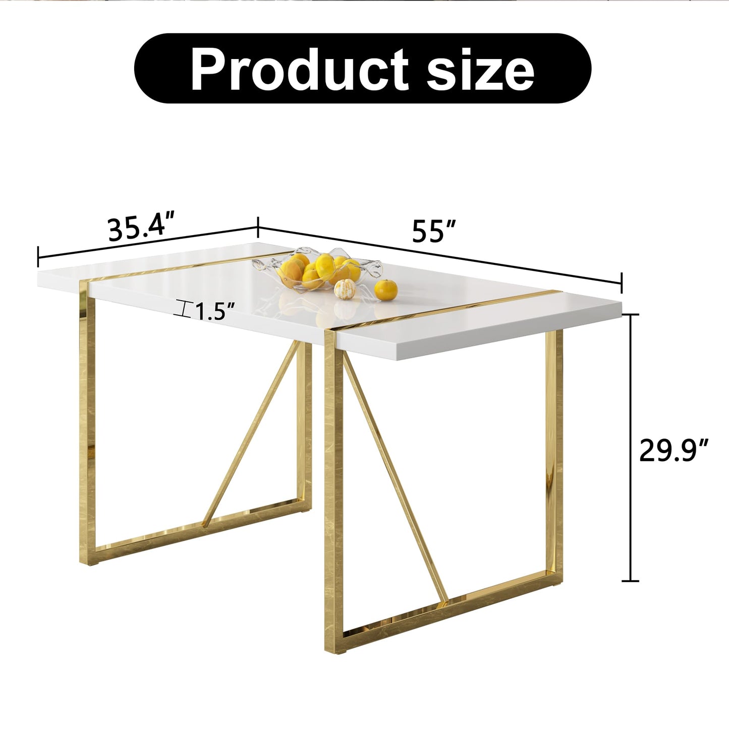 gopop Dining Table Set for 6, Kitchen Table Chairs Set of 6, 55" White High-Gloss Lacquered Tabletop & Electroplated Metal Frame, Modern Kitchen Tables with 6 Chairs for Dining Room