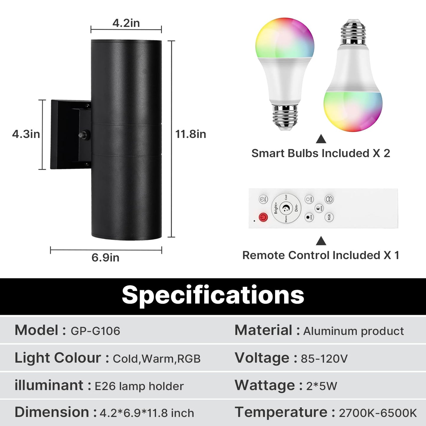 futxnziey RGBCW Outdoor Wall Light 1 Pack, Smart Porch Light Dusk to Dawn Lighting with Remote Control, WiFi Outdoor Wall Sconce, Compatible with Alexa, Exterior Lights for House Porch Garage