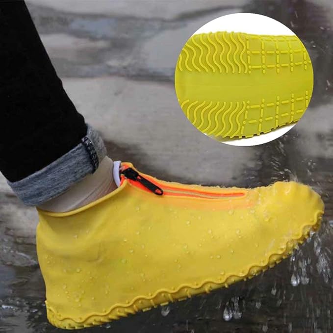 Waterproof Shoe Covers, Silicone Reusable Shoe Cover Non-slip Durable Zipper Elastic Rain Cover Protection for Men Women (L (Women 7.5-10.5, Men 6.5-9), Yellow)