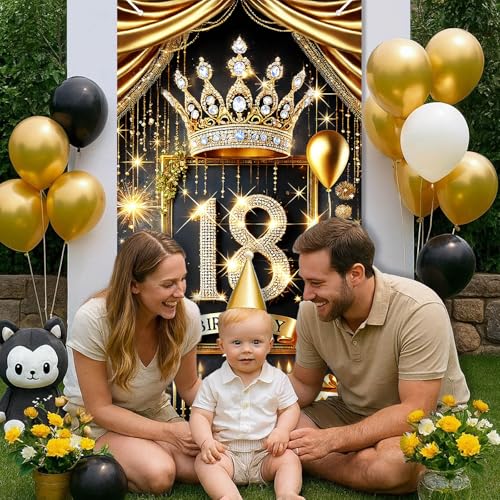 HOMETITUTE 18th Birthday Door Cover 71x35 Inch Royal Gold Birthday Banner for Party Decorations Crown Cake Gift Backdrop S...