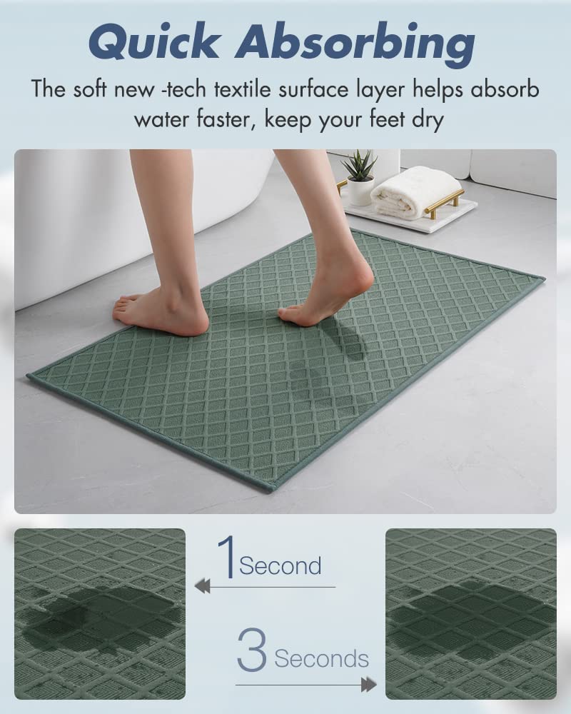 AMOAMI Ultra Thin Bathroom Rugs, Rubber Backed Bath Mats for Bathroom Non Slip, Absorbent Bathroom Mat for Floor, Shower, Sink (17"x28", Green)