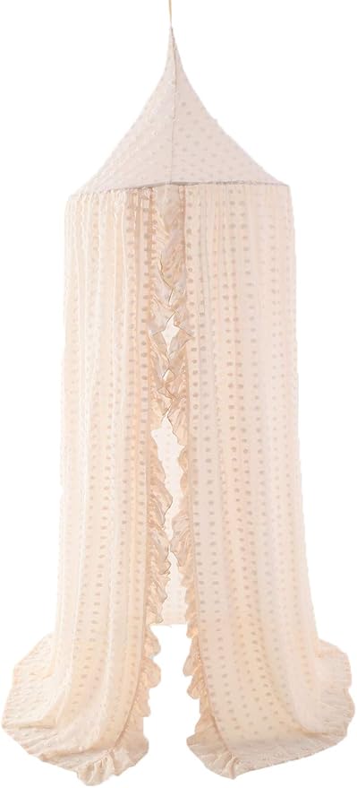 Wonder Space Elegant Kids Bed Canopy - Lace Chiffon Netting with Pom Pom, Princess Girls Fairy Dream Tent, Nursery Room Ba...