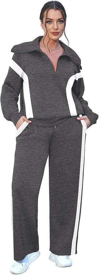 XIEERDUO Lounge Sets For Women 2025 Half Zip Sweatshirt And Wide Leg Sweatpant 2 Piece Outfits Sweatsuit Tracksuit