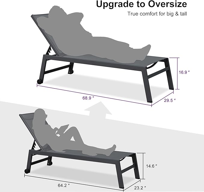 PURPLE LEAF Outdoor Chaise Lounge Set for 2 Oversized Pool Lounge Chairs with Easy-to-Move Wheels and Adjustable Backrest Extra Large Patio Loungers for Poolside Beach Table Included, Charcoal Grey