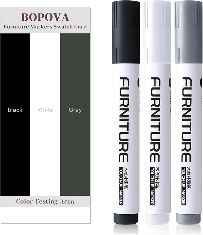 BOPOVA Furniture Markers Touch Up, Wood Floor Scratch Repair Kit, 3 Colors Markers for Scratches, Stains, Floors, Tables, Desks, Cabinet, Bedpost (Black, White, Gray)