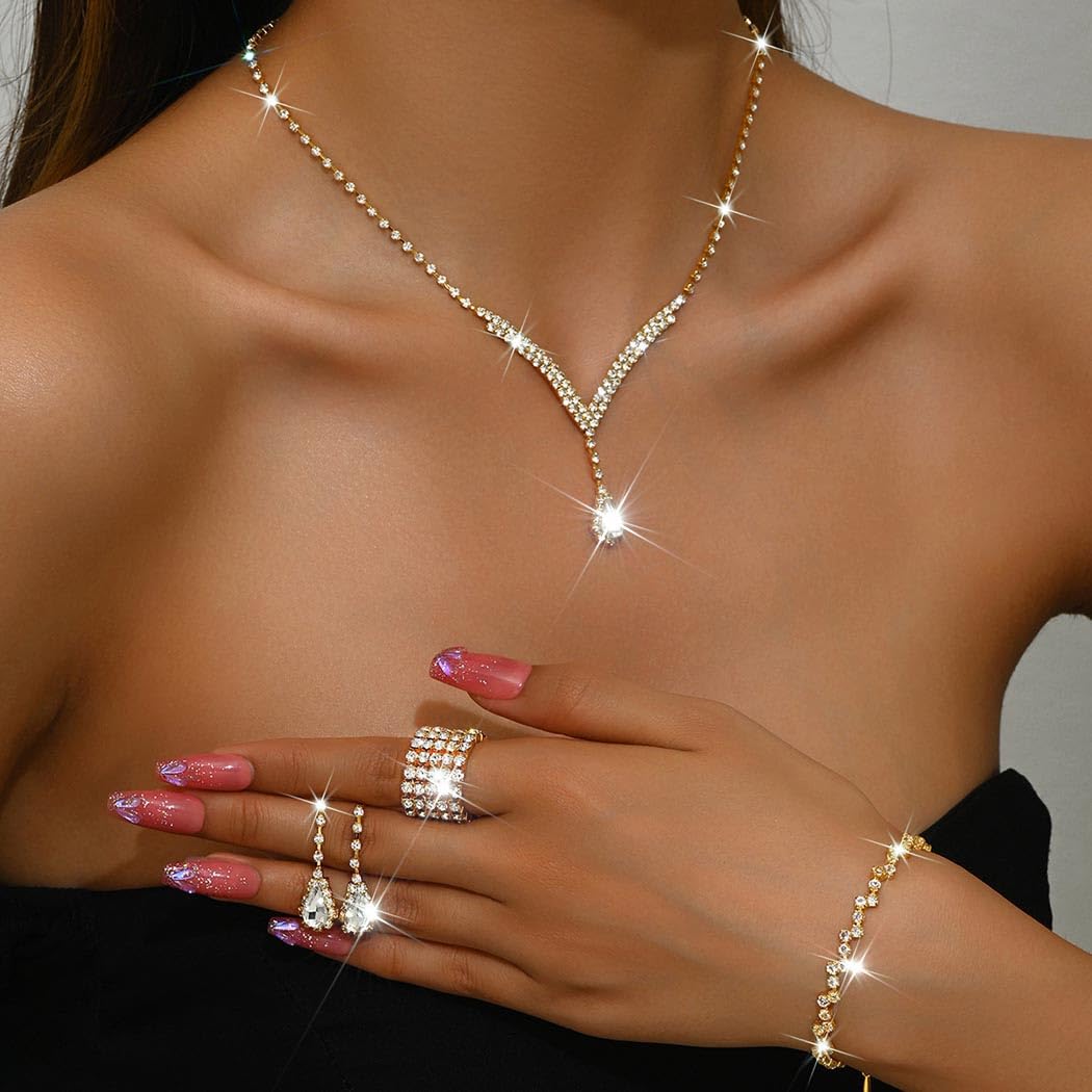 Unicra Bridal Wedding Jewelry Set Gold Rhinestone Necklace Earrings Bracelet Ring Sets Formal Costume Jewelry for Women and Brid
