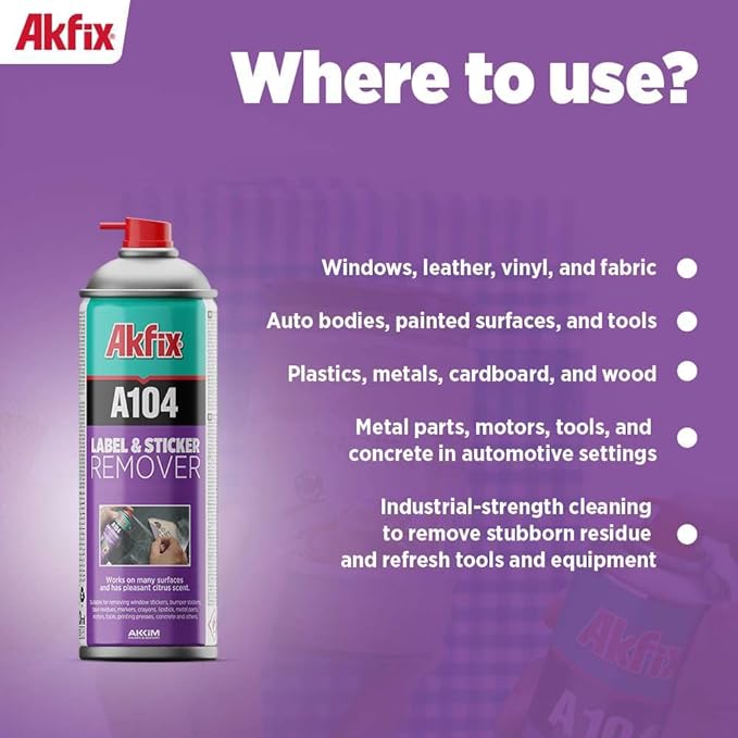 Akfix A104 Sticker Remover Spray - Cleaning Labels on Wood, Glass & Plastic - Safe Decal Remover for Tape, Residue, Gum and Stain Marker, Glue Eraser with Citrus Oil Spray | 6.7 Oz. 24 Pack
