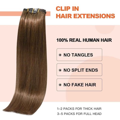 UGOTRAYS Light Brown Hair Extensions Clip in Human Hair 16 Inch 120g 7pcs Remy Hair Silky Straight 16clips One Pack for Women #6 Chestnut Brown Hair Extensions