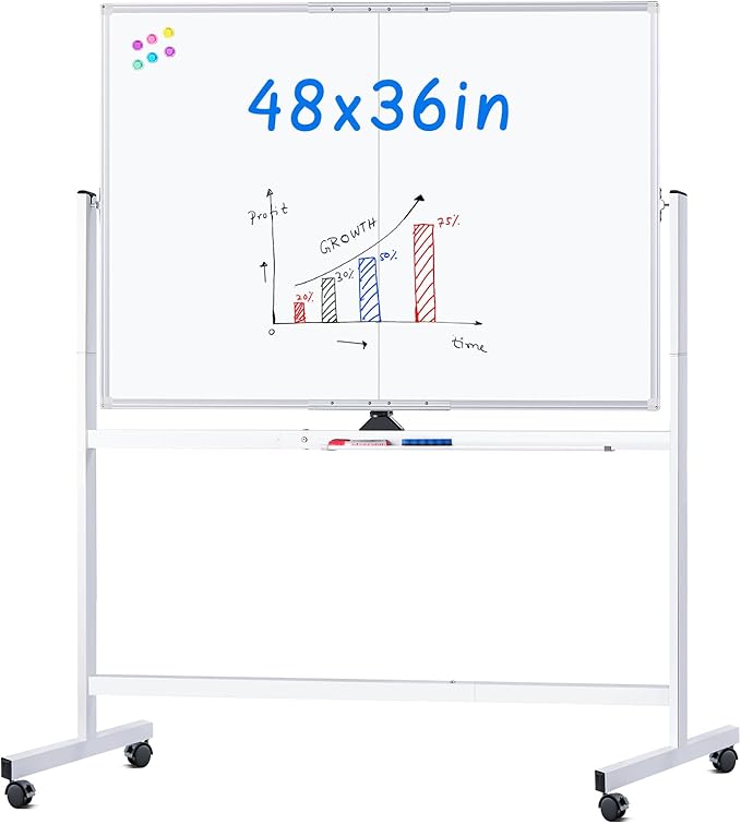 maxtek Rolling Whiteboard, 48x36 Large Magnetic White Board with Stands, Big Double-Sided White Board Dry Erase on Wheels ...