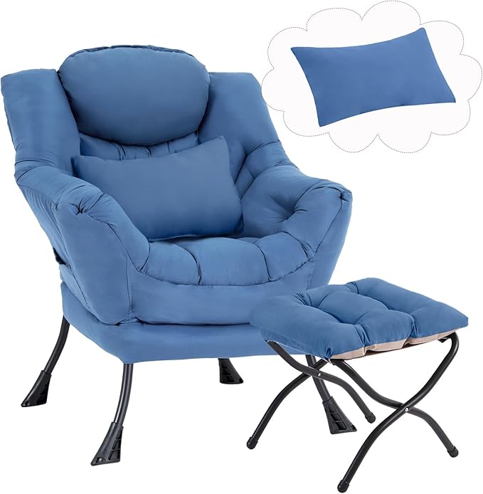 Furlide Lazy Chair with Ottoman, Modern Lounge Chair with Lumbar Pillow, Accent Cozy Reading Armchair and Folding Footstool for Bedroom, Dorm, Living Room,Peacock Blue