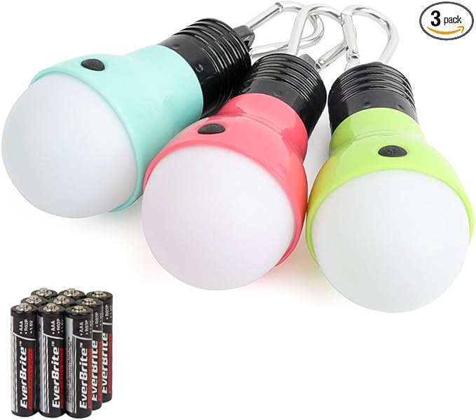 EverBrite 3-Pack Camping Lights - 3 Lighting Modes, Outdoor Christmas Portable LED Bulbs Ideal for Kids’ Adventure Activities, Camping, Emergency and More, 3 x AAA Batteries Included