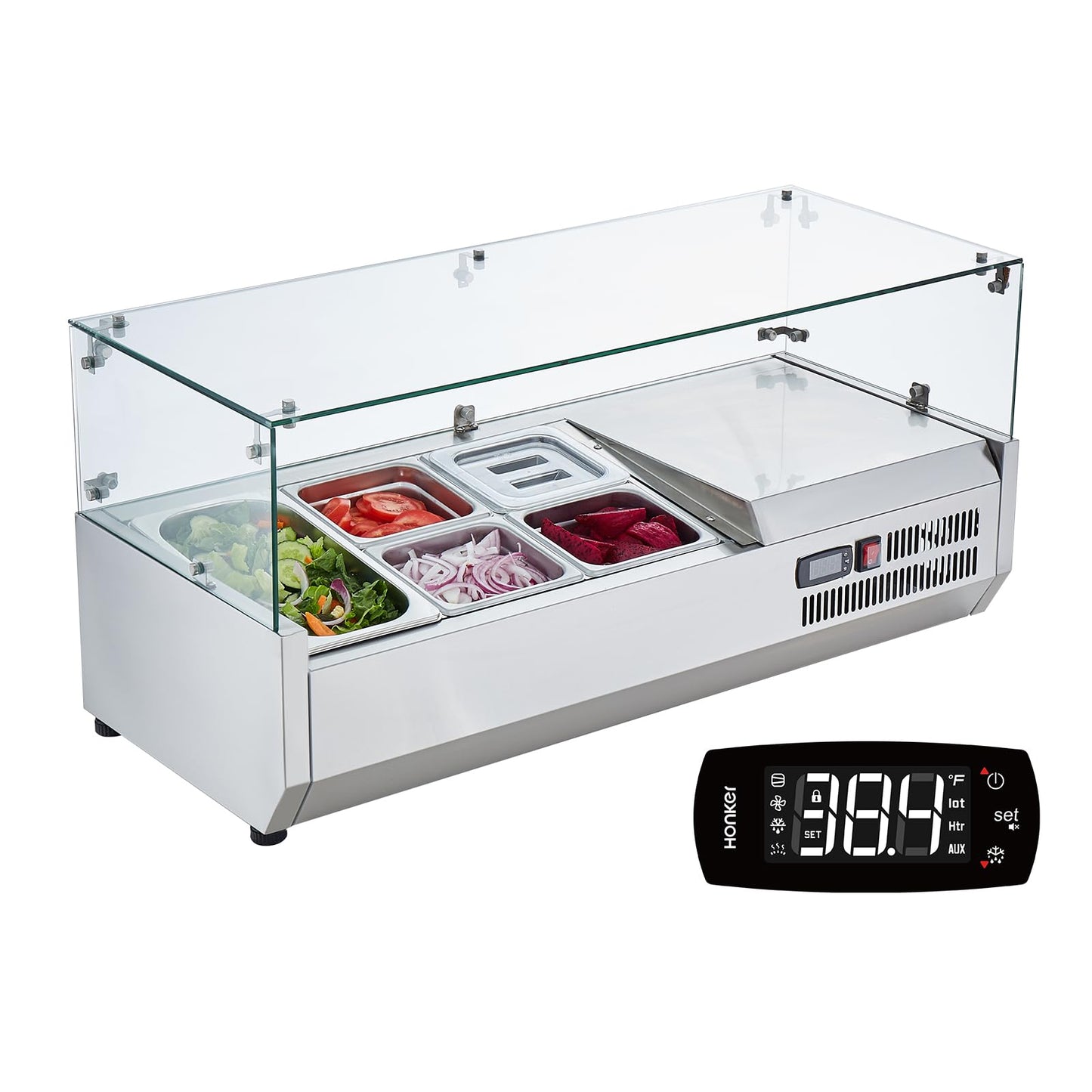 Vevor, 130 W Countertop Refrigerated Condiment Station, With 1 1/3 4 1/6 Pans, 304 Stainless Body And Pc Lid, Sandwich Prep Tabl
