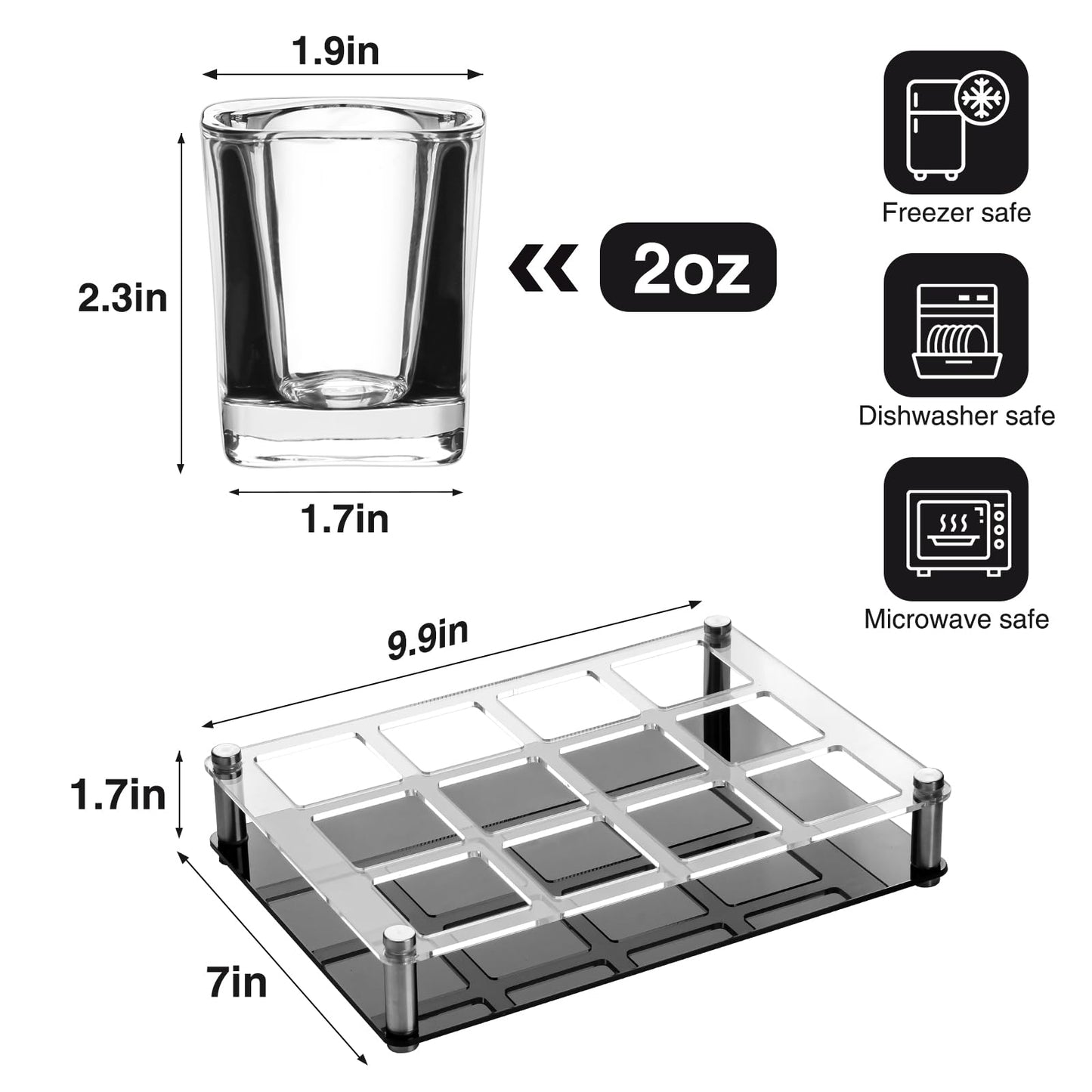Ruckae 12 Pack 2 OZ Shot Glasses Set with Pallets Heavy Base Clear Square Shot Glasses Bulk for Vodka Tequila Whiskey Liquor