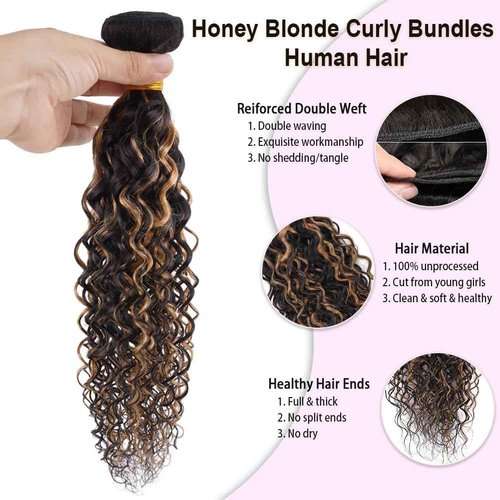 Highlight Water Wave Bundles with Closure Human Hair Honey Brown Balayage Curly Wave Human Hair Bundle 1B/27 Colored 3 Bundles with 4x4 HD Lace Closure Free Part (10 12 14+10)