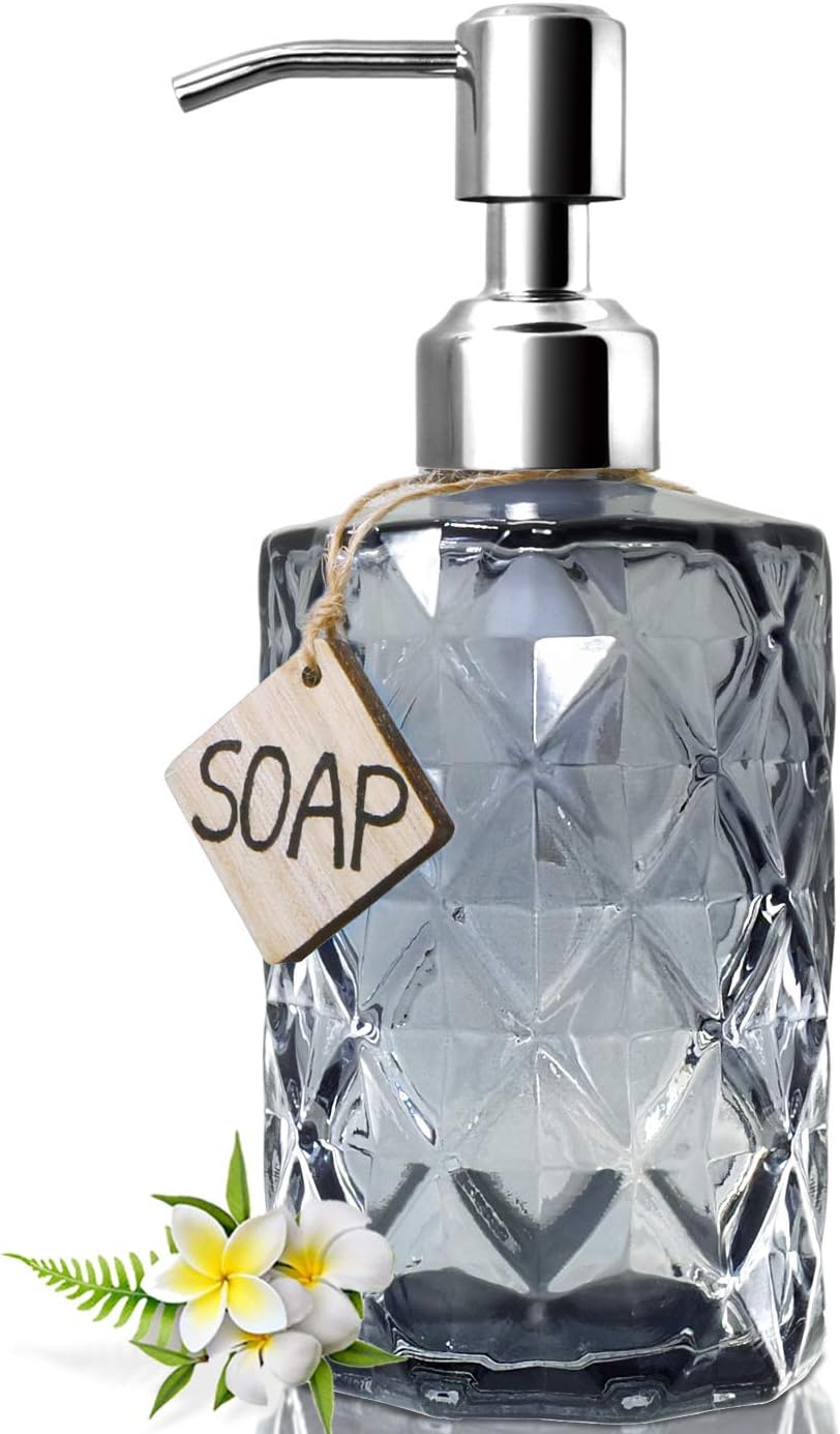 JASAI Diamond Design Glass Soap Dispenser with 304 Rust Proof Stainless Steel Soap Pump, 12 Ounce Kitchen Soap Dispenser for Bathroom, Hand Soap, Dish Soap (Grey)