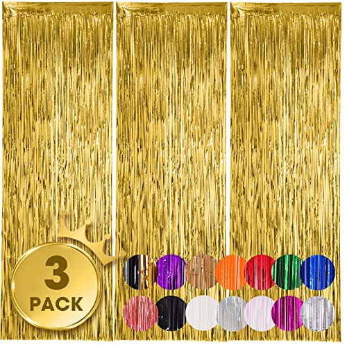 Voircoloria 3 Pack 3.3x8.2 Feet Gold Foil Fringe Backdrop Curtains, Tinsel Streamers, Fringe Backdrop for 2025 New Years E...