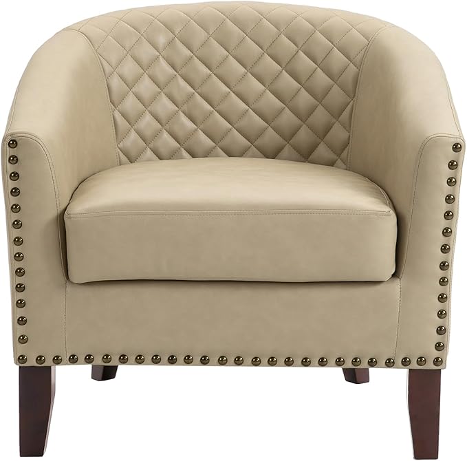 UIXE Faux Leather Barrel Accent Chairs Set of 6, Modern Club Upholstered Arm Chair, Comfy Armchair Nailed Trim Living Room Single Sofa Reading Seat Bedroom Side Sitting for Office, Beige