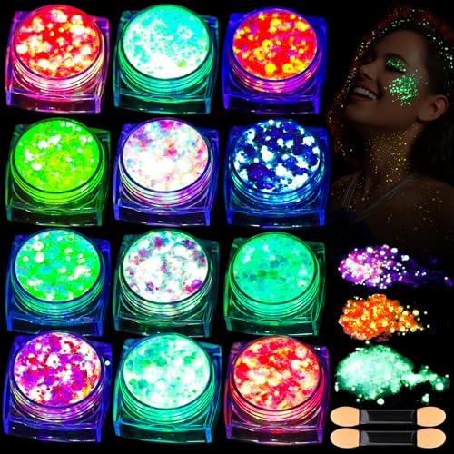 Teenitor 12 Colors Glow in The Dark Glitter Gel, Face Glitter Body Glitter Gel Hair Glitter for UV Black Light Carnival Ma...