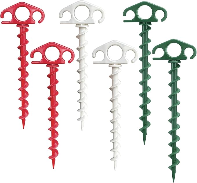 COBARYEN Plastic Inflatable Stakes, Tent Stake 6 Pack Sand Stakes for Beach 9.4 Inch Heavy Duty Spiral Yard Stakes for Camping, Party and Outdoor Halloween Christmas Decorations (6, Red+Green+White)
