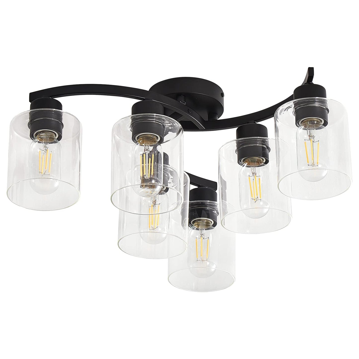 Eatich 6-Light Ceiling Light, Semi Flush Mount Ceiling Light Fixture, Kitchen Lighting Fixtures Ceiling, Farmhouse Black with Clear Glass Shade for for Dining Room Bedroom Living Room