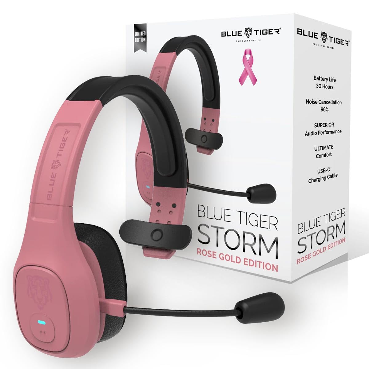 Blue Tiger Storm Rose Gold - Premium Trucker Bluetooth Headset-Wireless Noise Canceling Mono Headset with Mic -High-Fidelity Sound, 30-Hour Talk Time, USB-C Charging - For Truck Drivers, Bluetooth 5.0