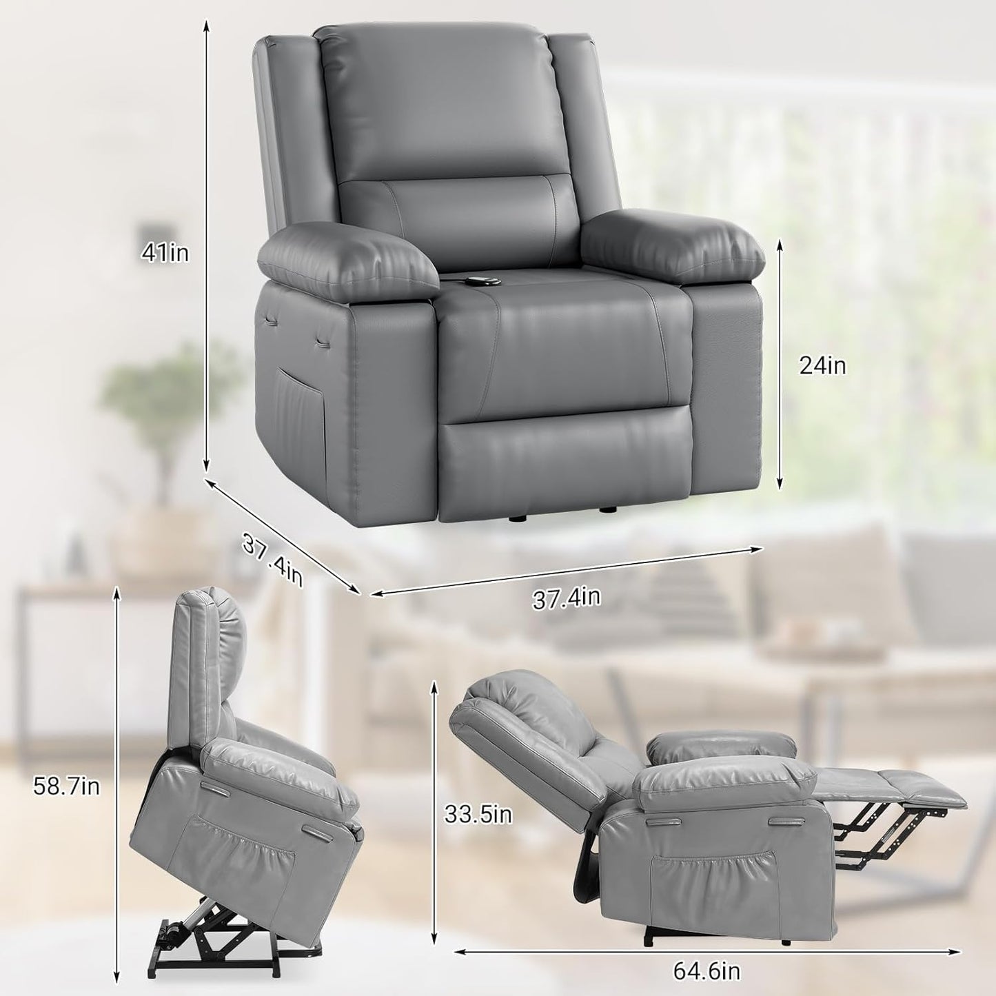 PeacefulHues PU Leather Power Lift Recliner Chair for Elderly,160°Adjustable Electric Reclining Sofa with Massage and Heat for Living Room/Bedroom,Grey