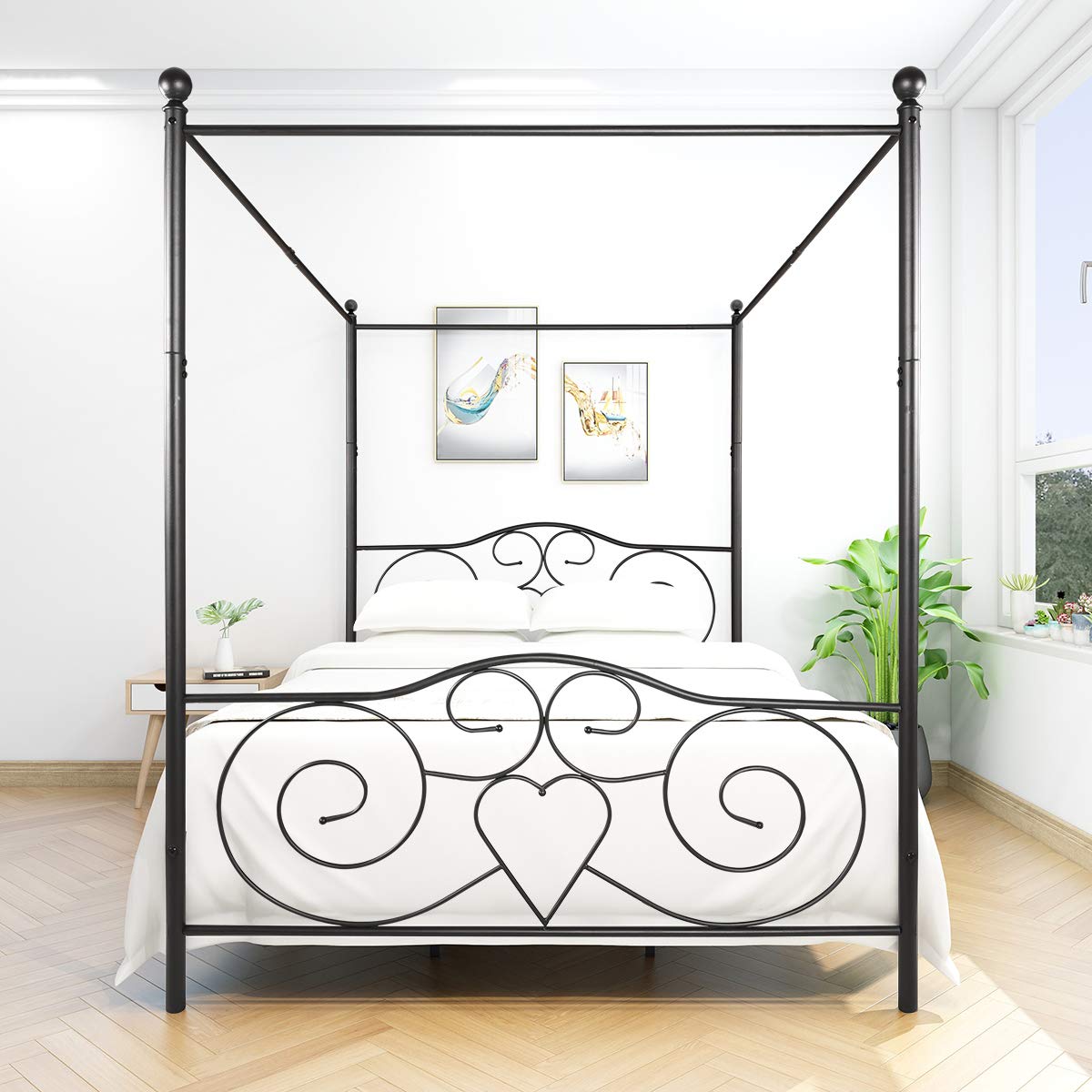 LUMISOL Queen Canopy Bed Frame, Metal Canopy Bed Frame wit Headboard & Footboard, Easy Assembly, Noise Free, Black