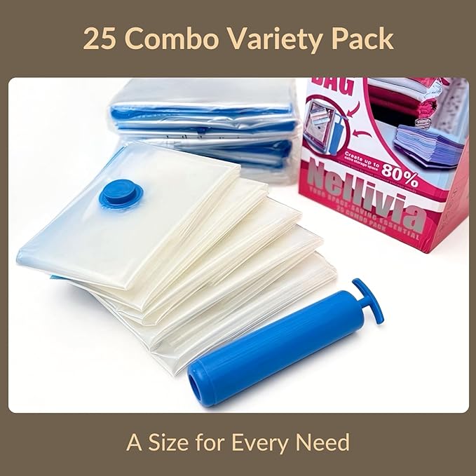 25 Pack Vacuum Storage Bags with Pump, Compression Space Saver for Comforter, Bedding, Blanket Storage, Vacuum Seal Bags for Clothing, Luggage and Closet Organizer