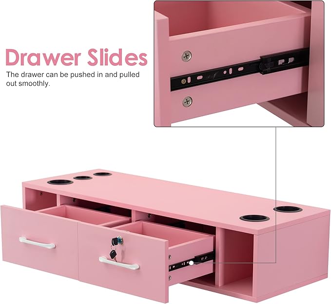 BarberPub Wall Mount Station with Drawers Styling Cabinet Open Storage Beauty Salon Spa Equipment 2502 (Pink)