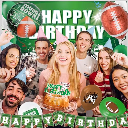 YIGZAG Football Birthday Party Decorations with Balloons Banner Cupcake Toppers Tablecloth & Backdrop and Paper Food Tray ...