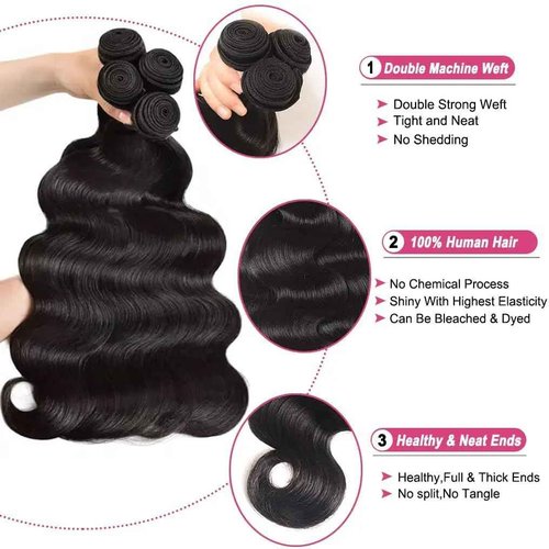 SIIKAP Body Wave Bundles with Closure (18 20 22+16，Free Part) Brazilian Body Wave Unprocessed Virgin human hair 3 bundles with 4x4 Lace Closure Natural Color