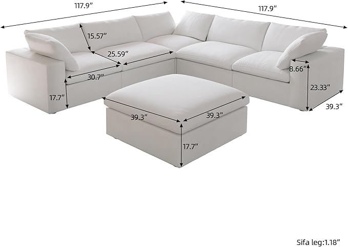 Cloud Couch Modular Sectional Sofa with Storage Ottomans,160.6" Down Filled 6 Seater Convertible Sectional Sofas,V Shaped White Couch for Living Room,Covers Washable&Replaceable