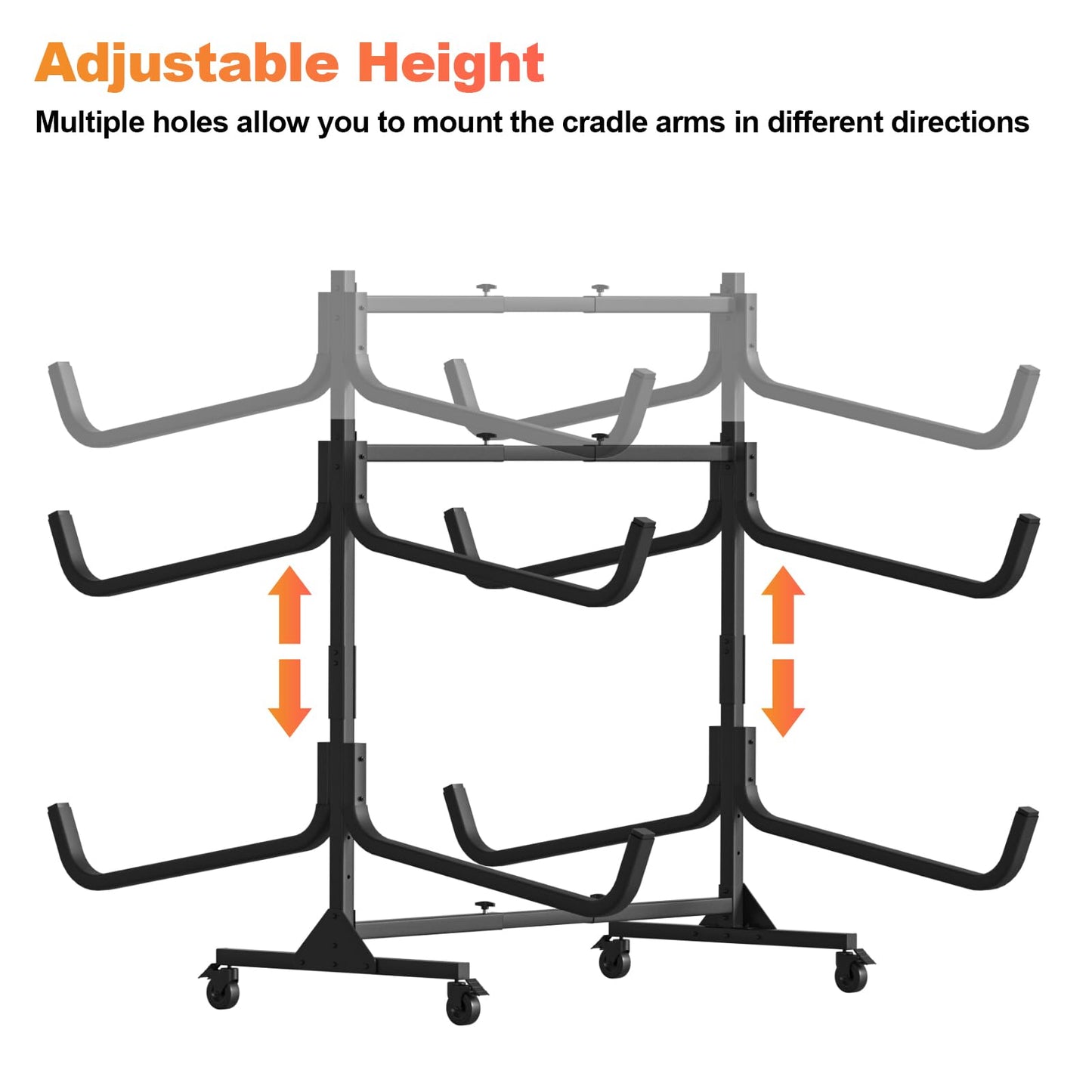 Kayak Storage Rack, Heavy Duty Steel Hanger for 4 Kayaks Stand, Canoe, SUP & Surfboard with Adjustable Width, Movable Wheels, Secure Straps, and Padded Arms for Indoor/Outdoor/Garage Storage