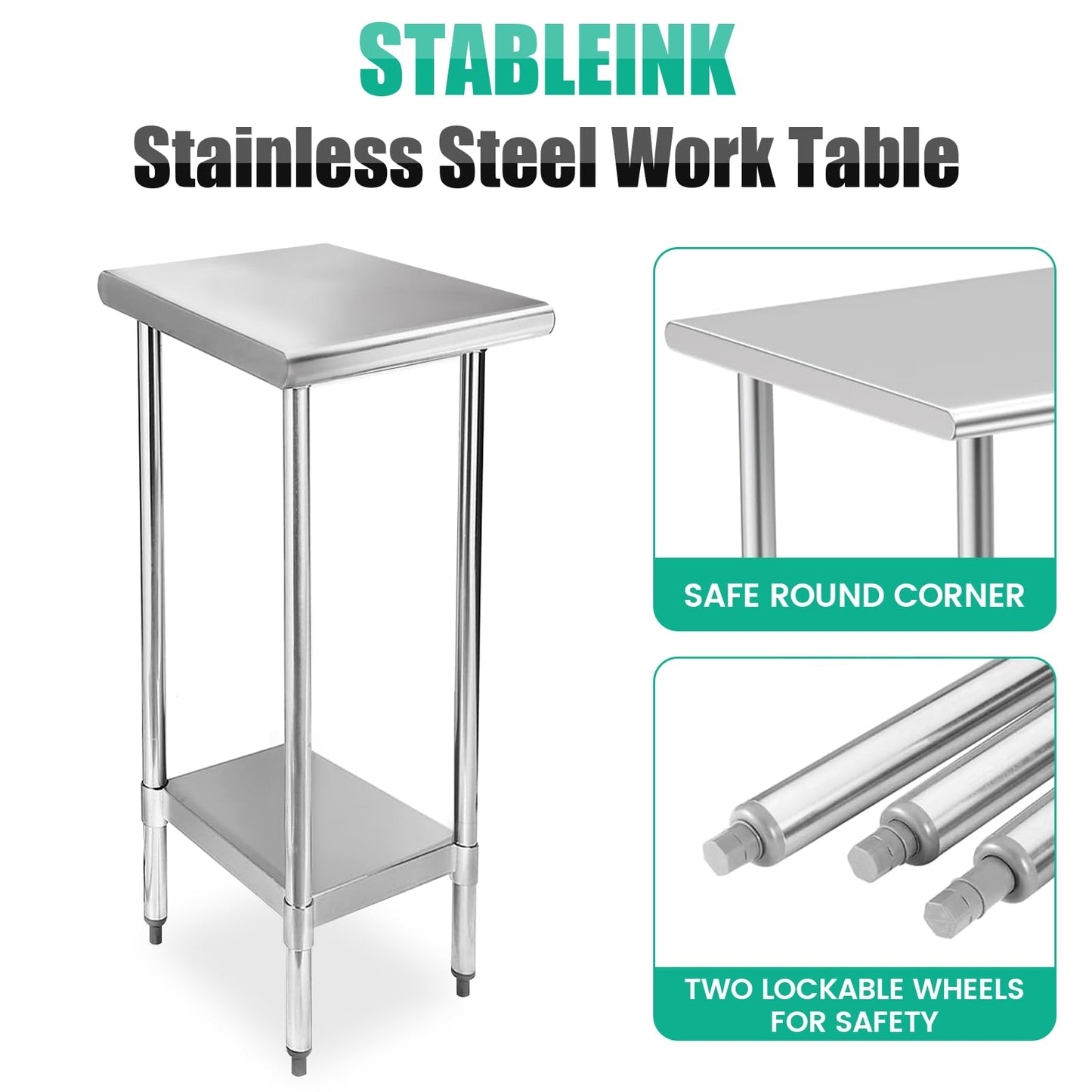 STABLEINK NSF Stainless Steel Table, 24 x 12 Inches Small Metal Prep & Work Table with Adjustable Undershelf, for Commercial Kitchen, Restaurant, Hotel and Garage