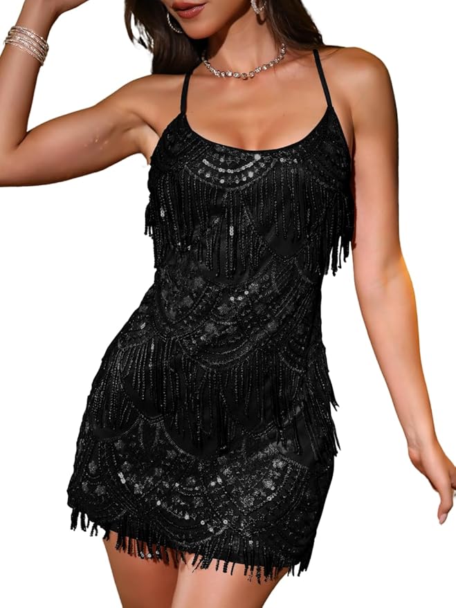 Kaei&Shi Sequin Mini Dress,Sparkly Fringe Cocktail Party Dresses for Women,Homecoming Disco Dance Outfits