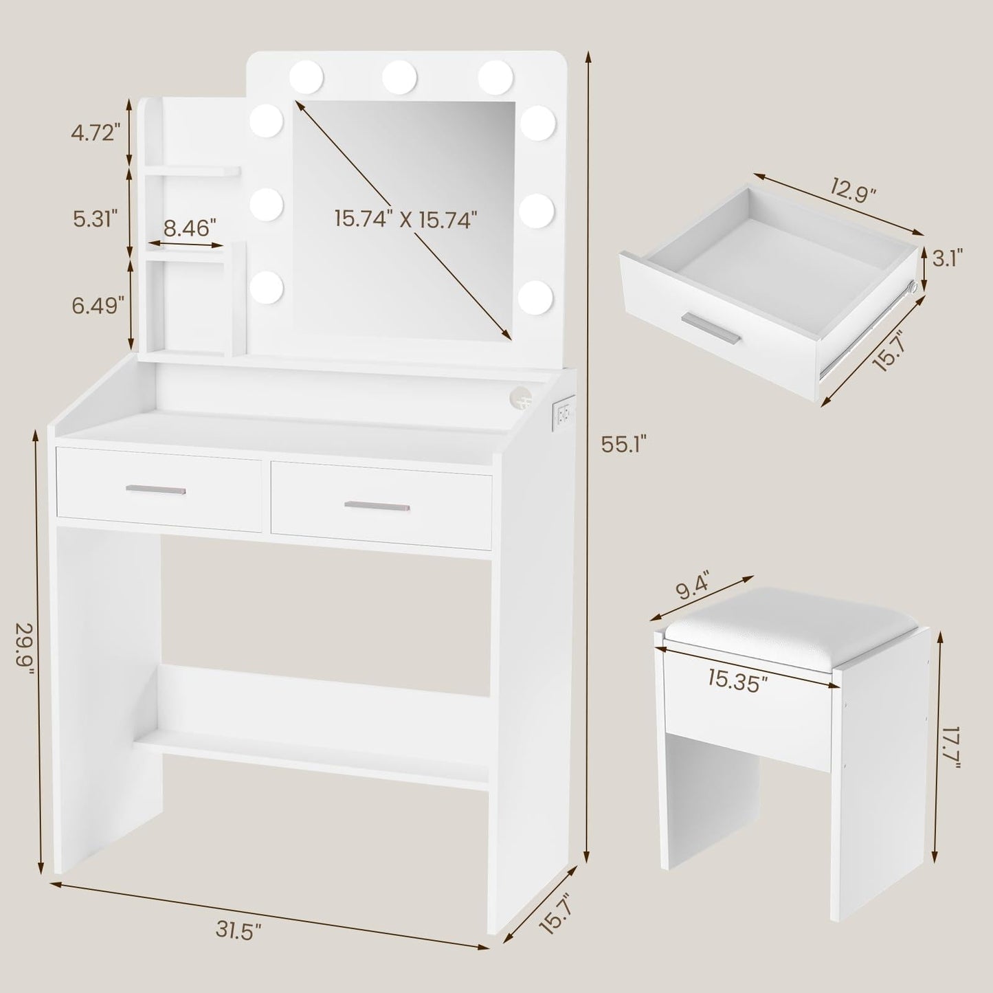 PeacefulHues Modern Vanity Desk with Lighted Mirror & Upholstered Stool, Makeup Table with 2 Spacious Drawers and 3-Color Dimmable LED Lights, Elegant Bedroom Vanity Set for Women and Girls
