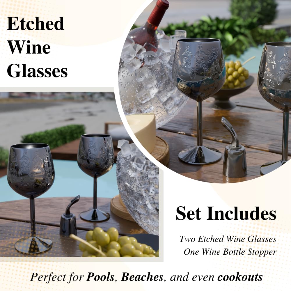 vaanshie 17oz Stainless Steel Wine Glasses [Set of 2] – Black Royal Goblets with Intricate Baroque Engravings, Unbreakable and Shatterproof Wine Cups with Bottle Stopper Ideal for Mother's Day Gift