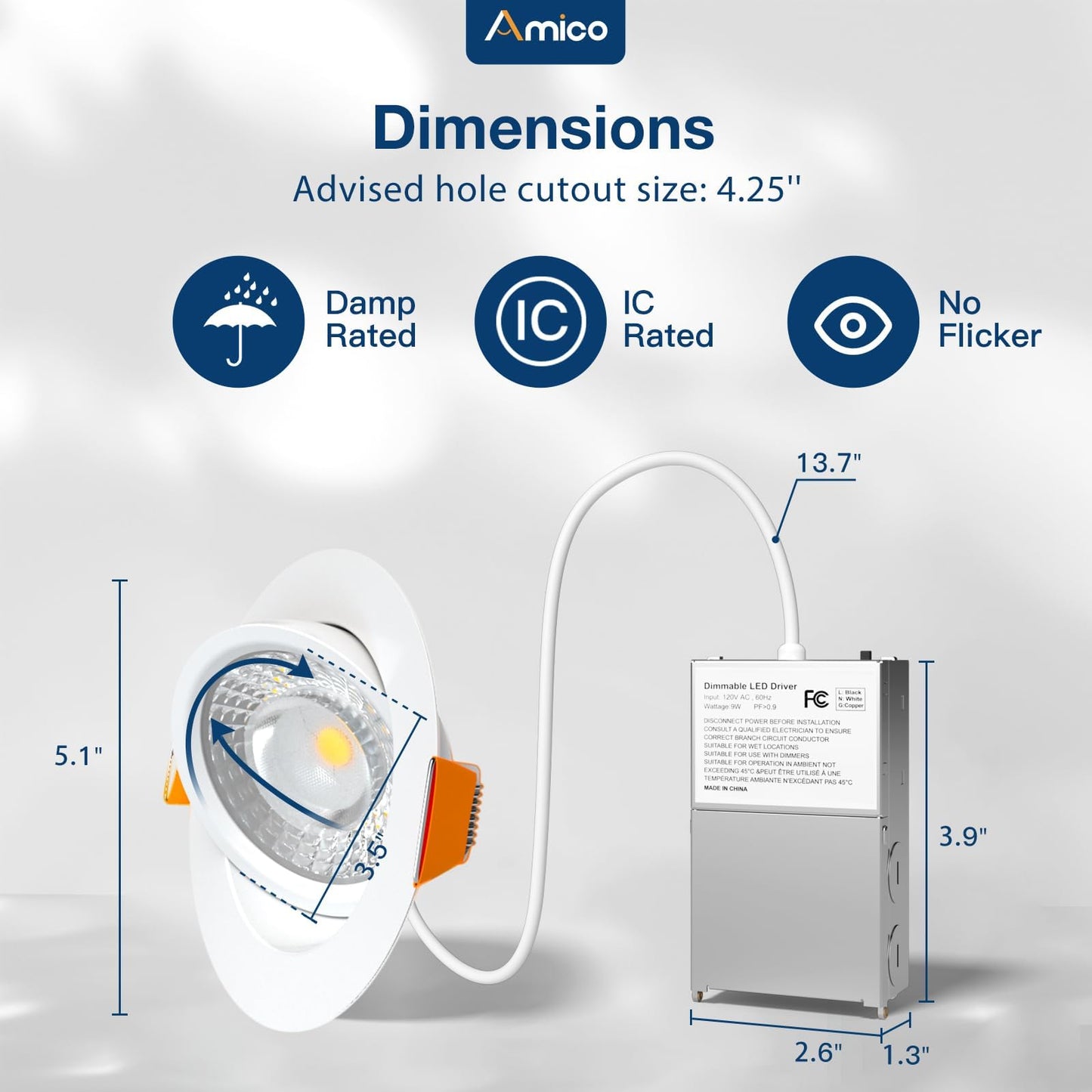 Amico 12 Pack 4 Inch 5CCT Gimbal LED Recessed Lighting, 360°&90°Adjustable Eyeball Directional Downlight, Dimmable, 2700K/3000K/3500K/4000K/5000K Selectable, 9W 700LM CRI90+, White, ETL&FCC