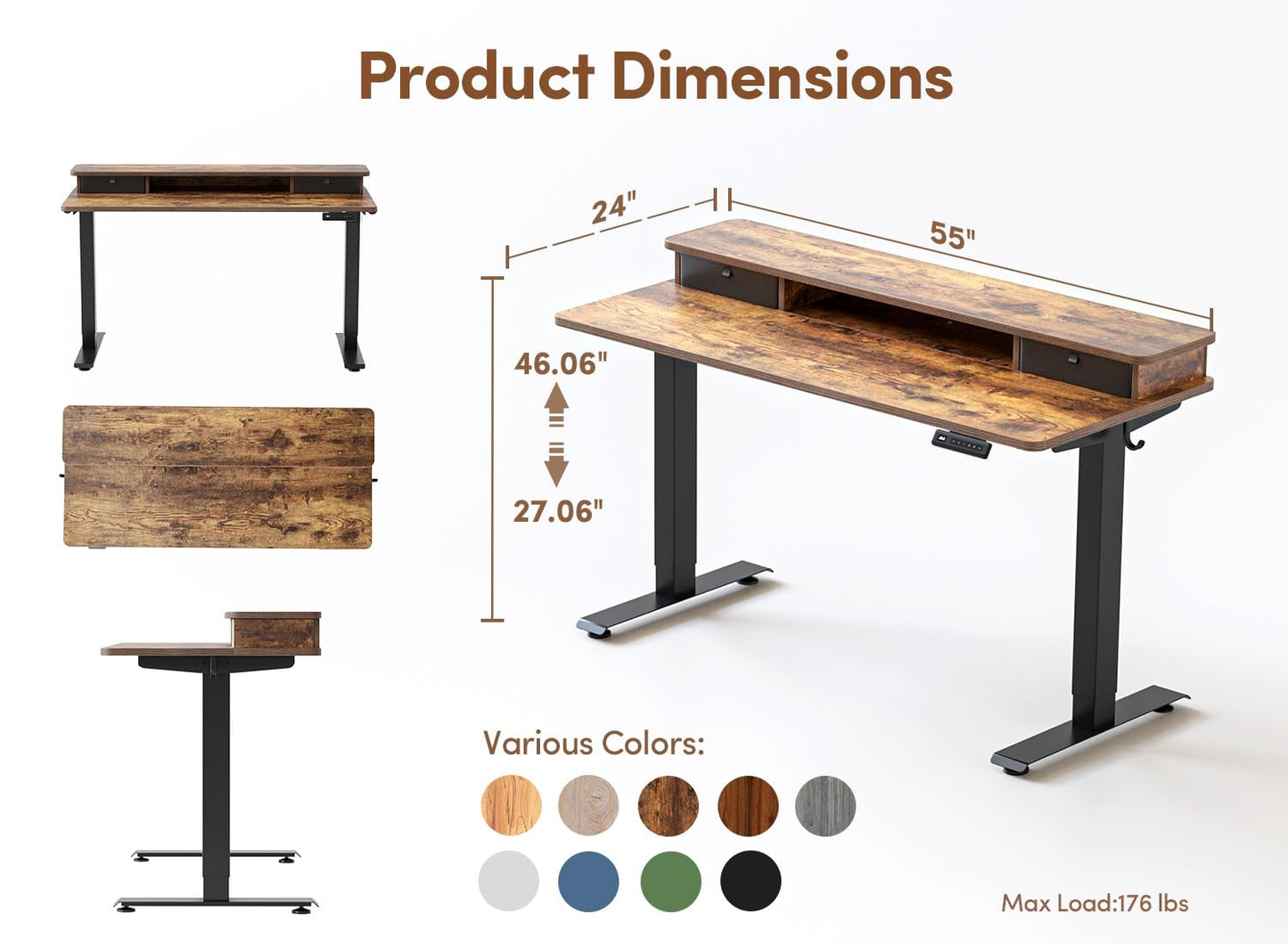 Cubiker 55 x 24 Electric Standing Desk with Double Storage Drawers, Height Adjustable Home Office Computer Workstation, 4 Adjustable Feet & 2 Hooks, Rustic Brown