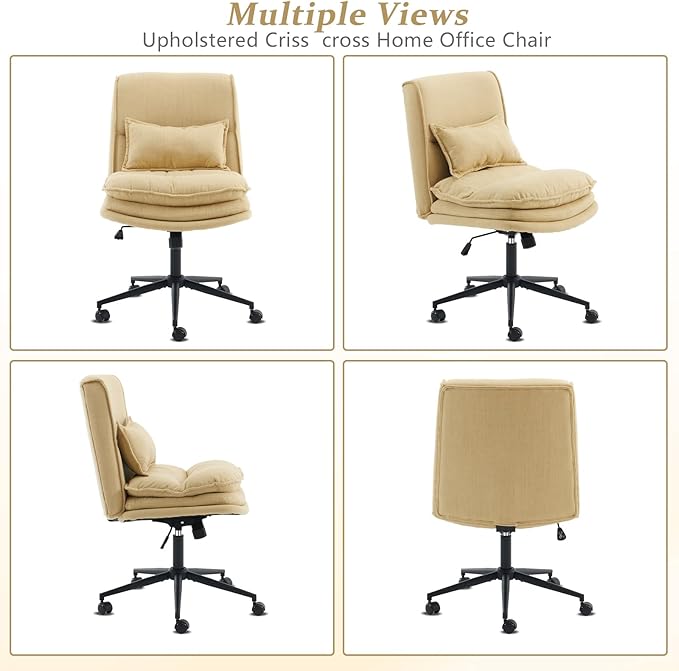 VINGLI Cloud Criss Cross Legged Chair,18" High Back Armless Home Office Desk Chair with Wheels,Wide Adjustable Comfy Padded Seat Task Computer Chair,Modern Swivel Makeup Vanity Chair,Fabric,Yellow