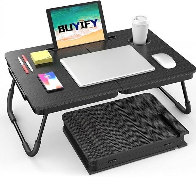 BUYIFY Portable Foldable Laptop Desk for Bed and Couch, Adjustable Lap Desk with Cup Holder and Phone Holder, Ideal for Wo...