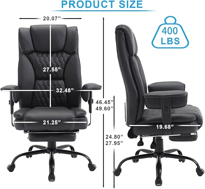 Reclining Office Chair with Footrest, 400Lb Big and Tall Office Chair with Lumbar Support, Pu Leather Recliner Office Desk Chairs with Wheels High Back Ergonomic Computer Desk Chair for Adult,Black