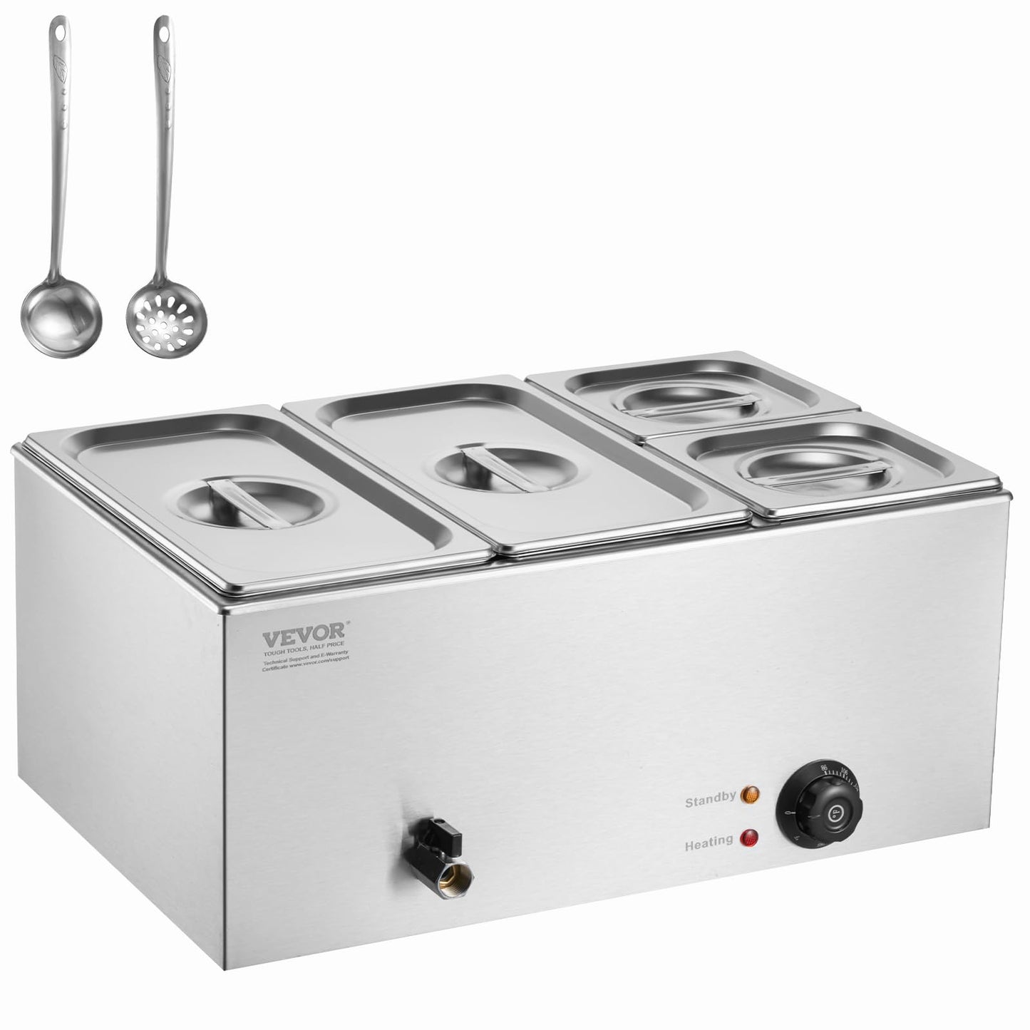 VEVOR 4-Pan Commercial Food Warmer, 24QT Electric Steam Table, 1200W Professional Countertop Stainless Steel Buffet Bain Marie with 86-185°F Temp Control for Catering and Restaurants, Silver