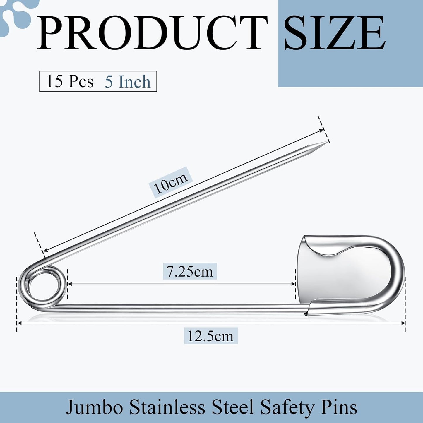 Juexica 15 Pcs 5 Inch Jumbo Stainless Steel Safety Pins Large Heavy Duty Huge Strong Laundry Pins for Upholstery Sewing Quilting Key Rings Craft Outdoor (Silver)