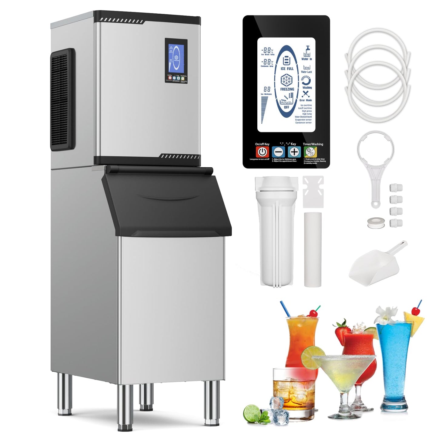 Commercial Ice Maker, 780 LBS/24h with 450 LBS Storage Bin, 234 Ice Cubes Ready in 5-15 min Air Cooled Stainless Steel Ice Maker, 22 Ice Thicknesses Industrial Ice Machine for Bar/Cafe/Restaurant