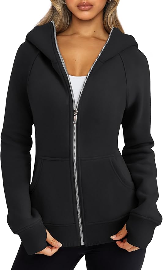 Trendy Queen Women's Full Zip Up Hoodie - Fitted Long Sleeve Sweatshirts for Fall and Winter