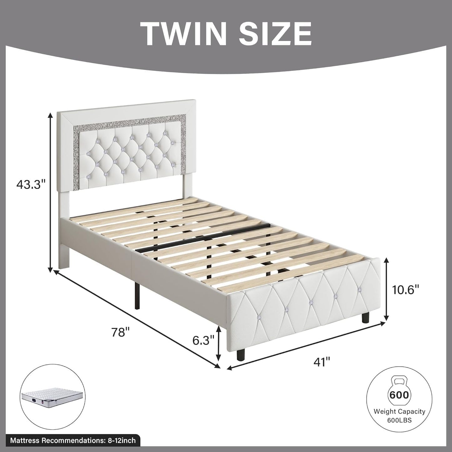 Twin Size Bed Frames, Upholstered Platform Bed with Button Tufted Headboard, Princess Platform Bed with Diamond Design, Wooden Slats Support, No Box Spring Required, Easy Assembly, White